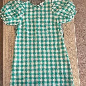 Green & White Gingham Puff Sleeve Dress